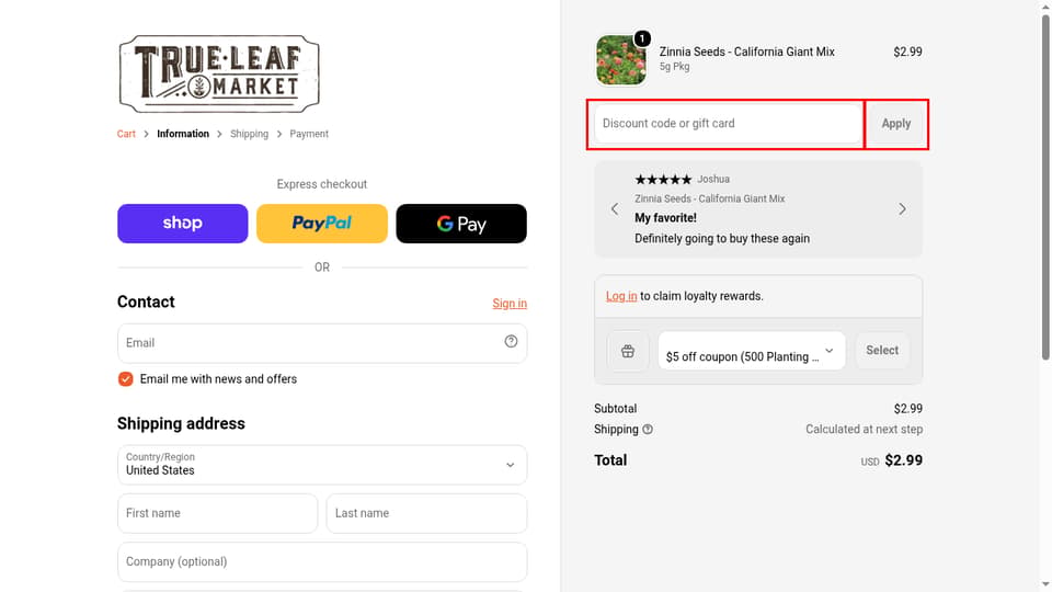 True Leaf Market checkout page showing the Discount code or gift card field and Apply button