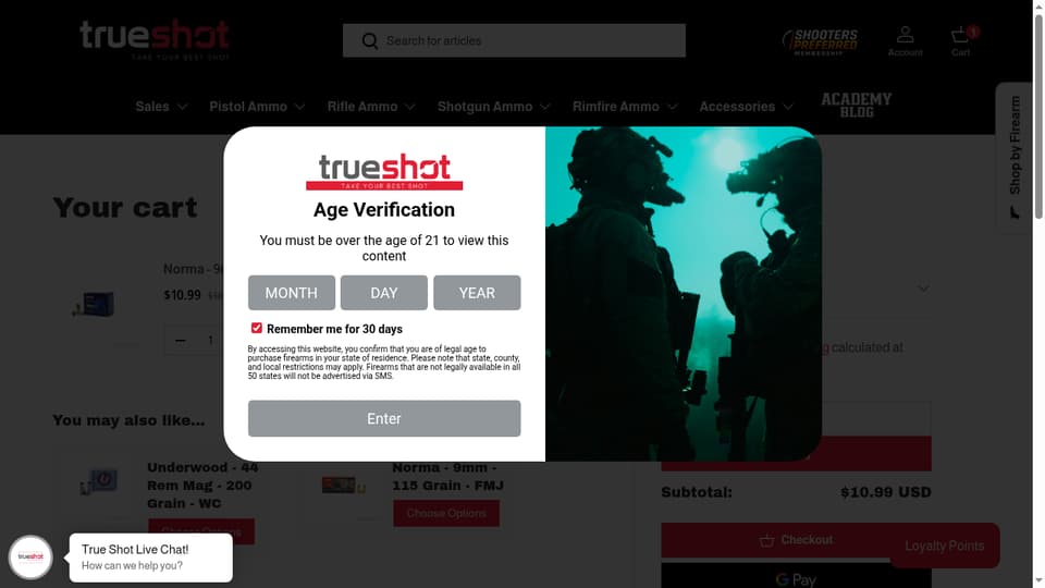 True Shot Ammo checkout page showing the Enter promo code field and Apply button