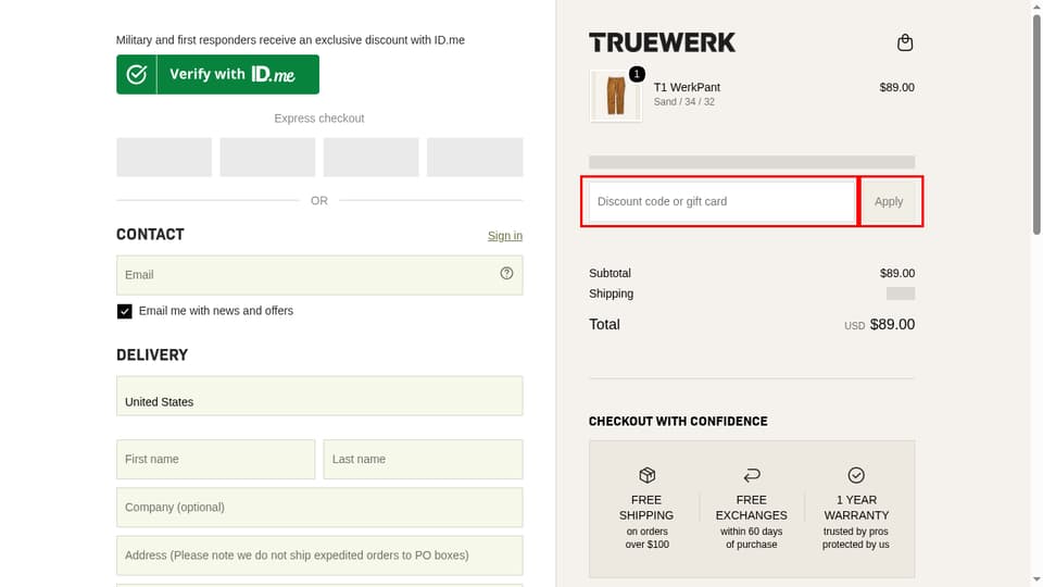 Truewerk checkout page showing the Discount code or gift card field and Apply button