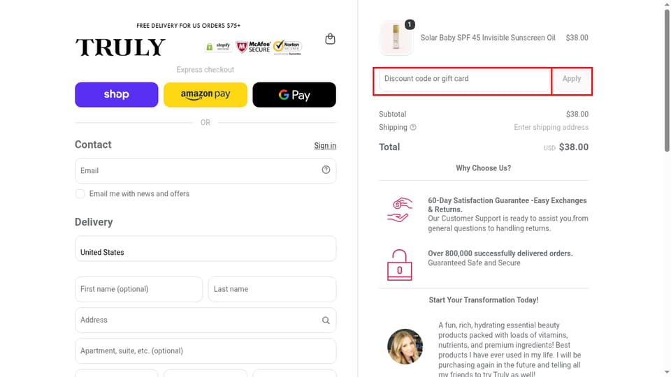 Truly Beauty checkout page showing the Discount code or gift card field and Apply button