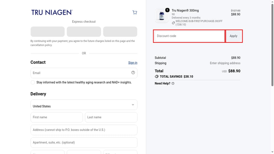 Tru Niagen checkout page showing the Discount code field and Apply button