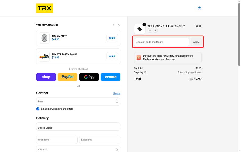 TRX checkout page showing the Discount code or gift card field and Apply button