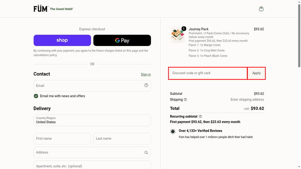 Füm checkout page showing the Discount code or gift card field and Apply button