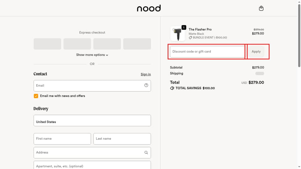 Nood checkout page showing the Discount code or gift card field and Apply button