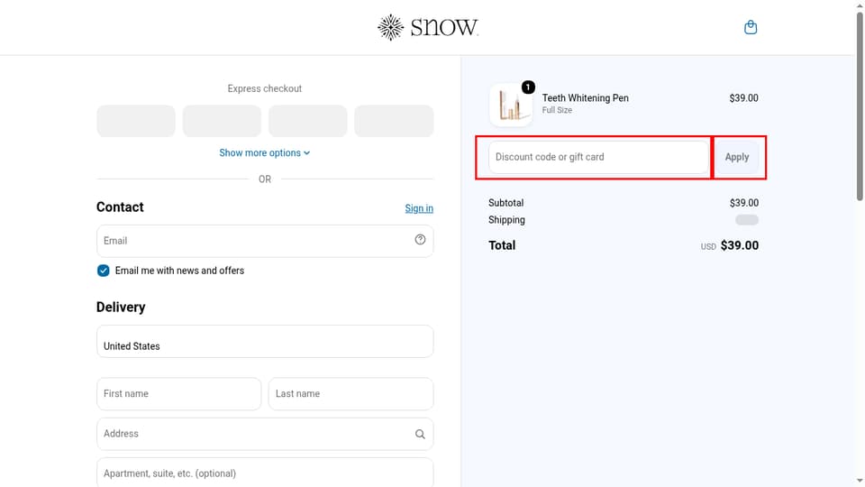 SNOW Oral Care checkout page showing the Discount code or gift card field and Apply button