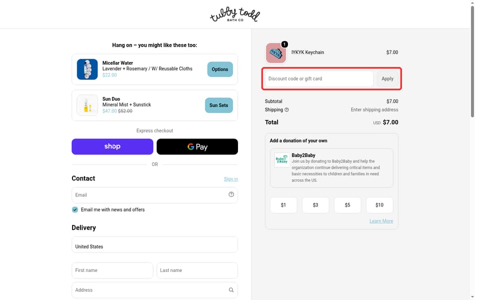 Tubby Todd Bath Co. checkout page showing the Discount code or gift card field and Apply button