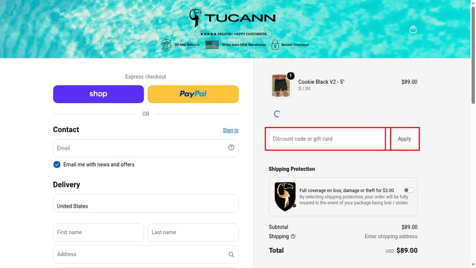 Tucann checkout page showing the Discount code or gift card field and Apply button