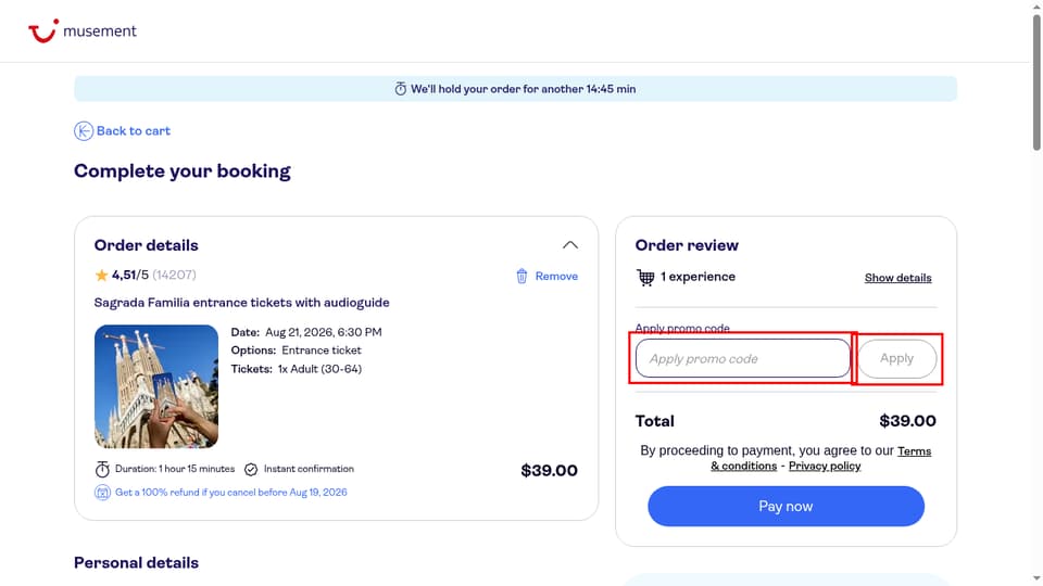 TUI Musement checkout page showing the Apply promo code field and Apply button