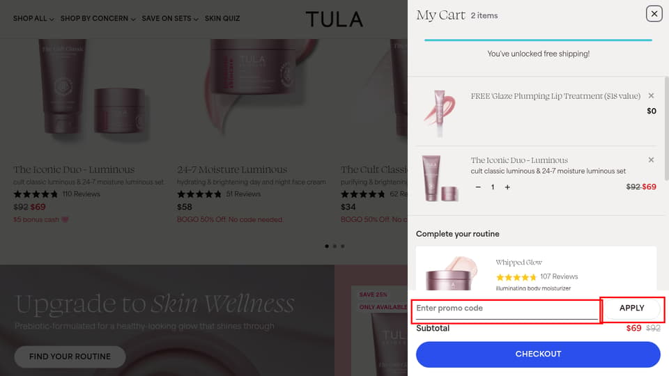 TULA Skincare checkout page showing the Enter promo code field and APPLY button