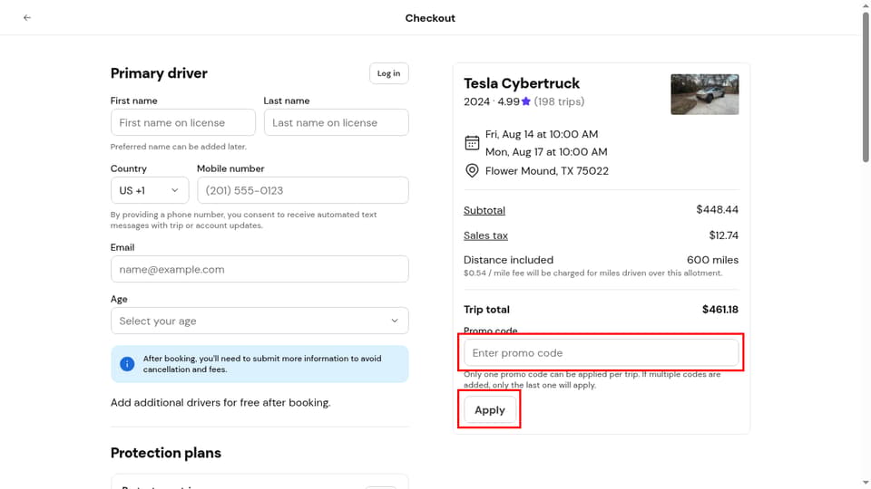 Turo checkout page showing the Enter promo code field and Apply button