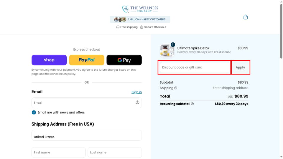 The Wellness Company checkout page showing the Discount code or gift card field and Apply button
