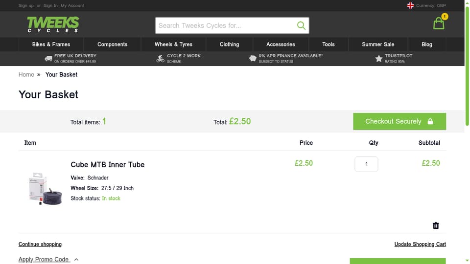 Tweeks Cycles checkout page showing the Promo code field and Apply button