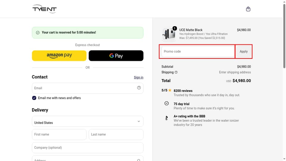 Tyent USA checkout page showing the Promo code field and Apply button