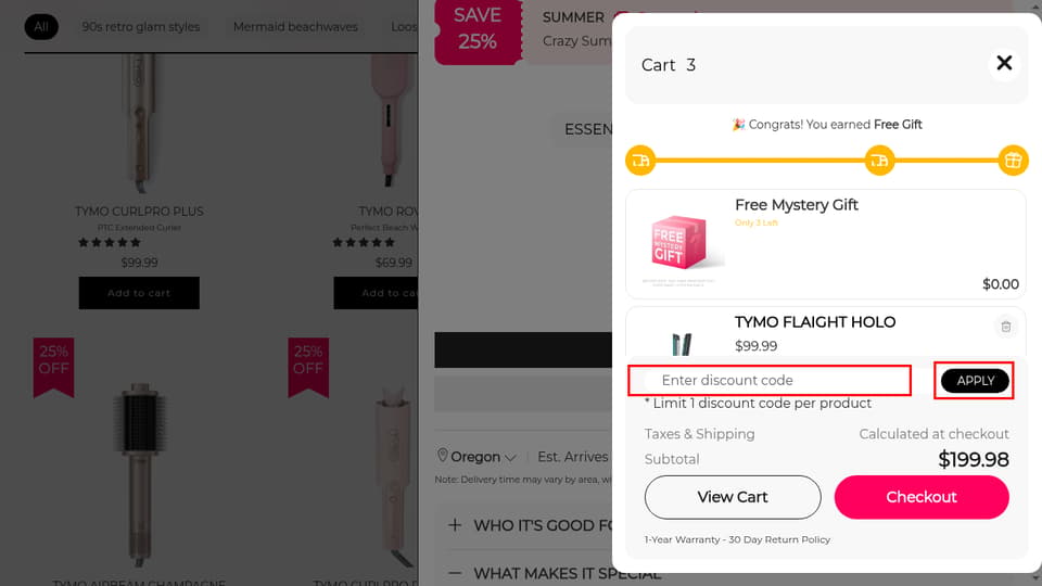 TYMO Beauty checkout page showing the Enter discount code field and Apply button