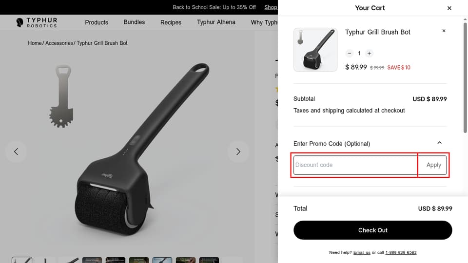 Typhur checkout page showing the Discount code field and Apply button
