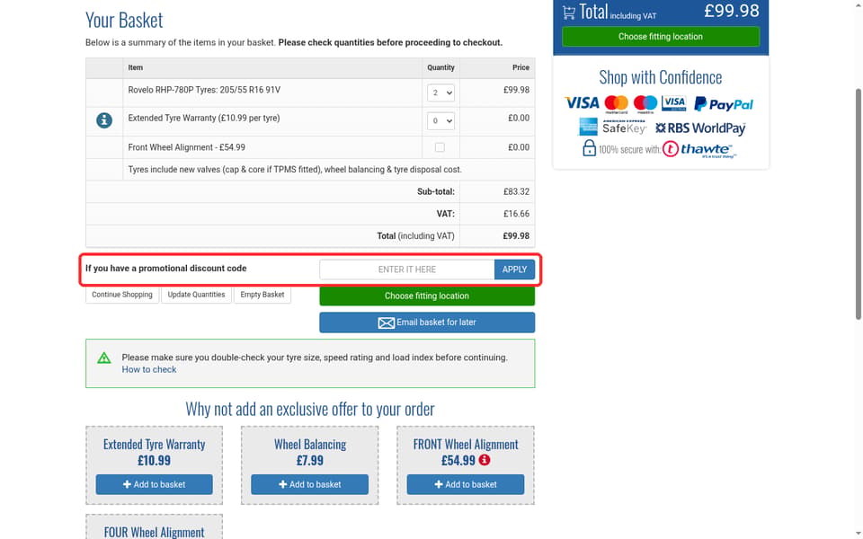 Tyre Shopper checkout page showing the Enter it here field and APPLY button