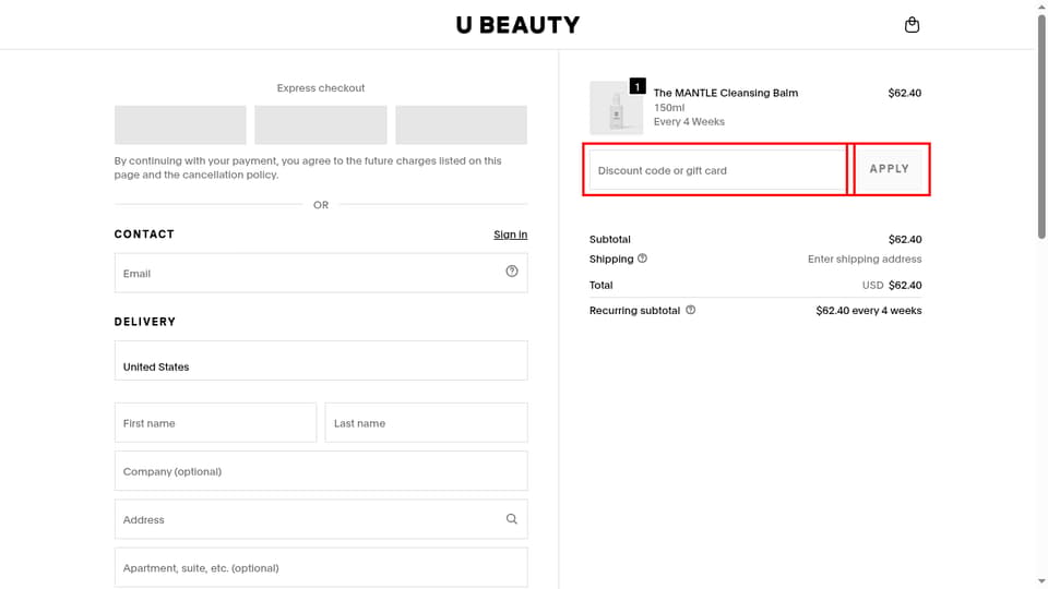 U Beauty checkout page showing the Discount code or gift card field and Apply button