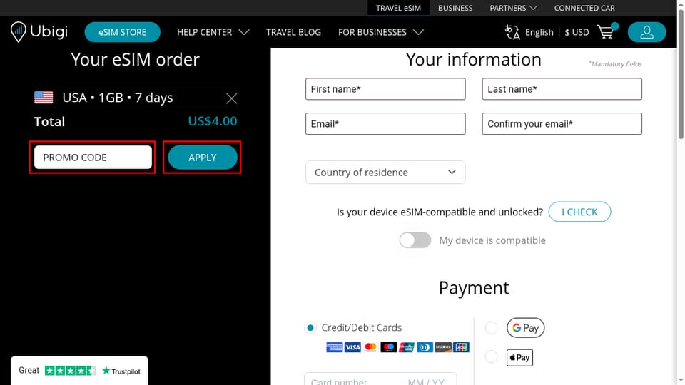 Ubigi checkout page showing the PROMO CODE field and Apply button