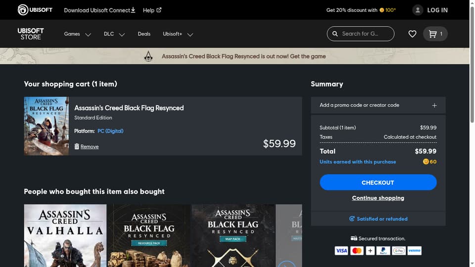 Ubisoft checkout page showing the Type your promo code field and Apply button