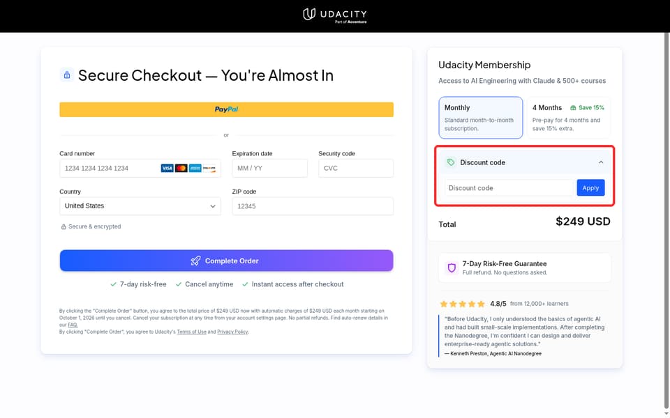 Udacity checkout page showing the Discount code field and Apply button