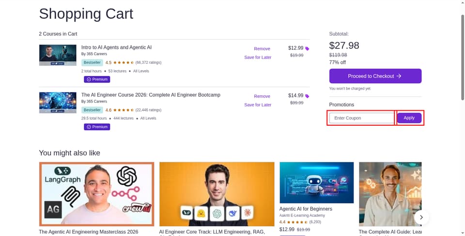 Udemy checkout page showing the Enter Coupon field and Apply button