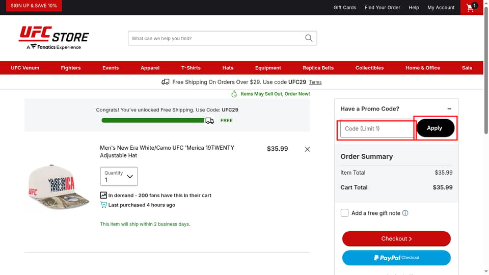 UFC Store checkout page showing the Code (Limit 1) field and Apply button