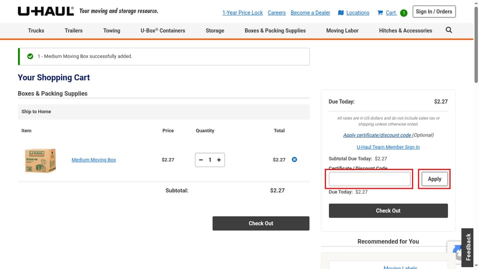 U-Haul checkout page showing the Certificate / Discount Code field and Apply button
