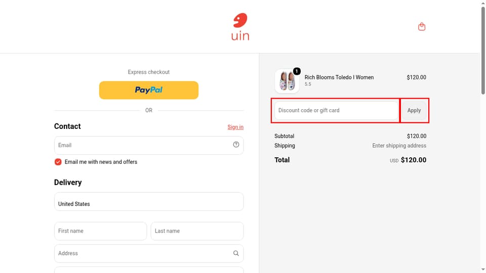UIN Footwear checkout page showing the Discount code or gift card field and Apply button