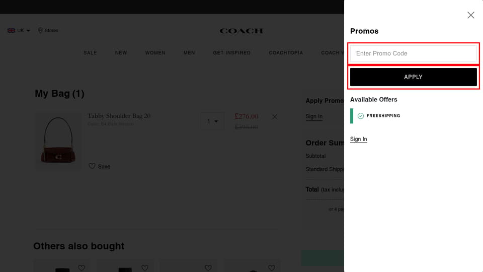 Coach checkout page showing the Enter Promo Code field and APPLY button