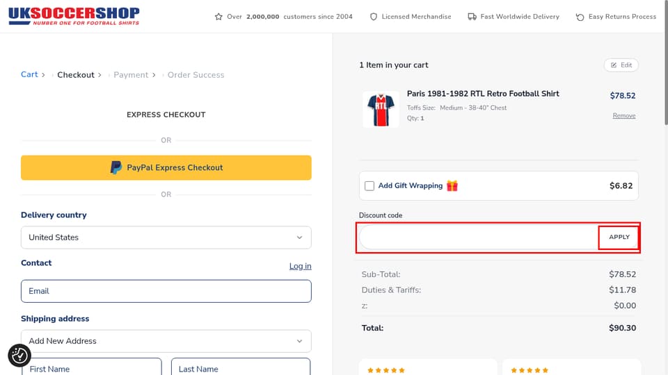 UKSoccershop checkout page showing the Discount Code field and Apply button