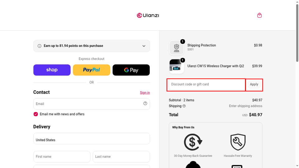 Ulanzi checkout page showing the Discount code or gift card field and Apply button