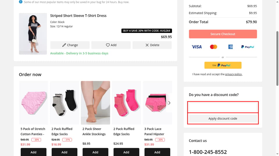 Ulla Popken checkout page showing the Do you have a discount code? field and Apply discount code button