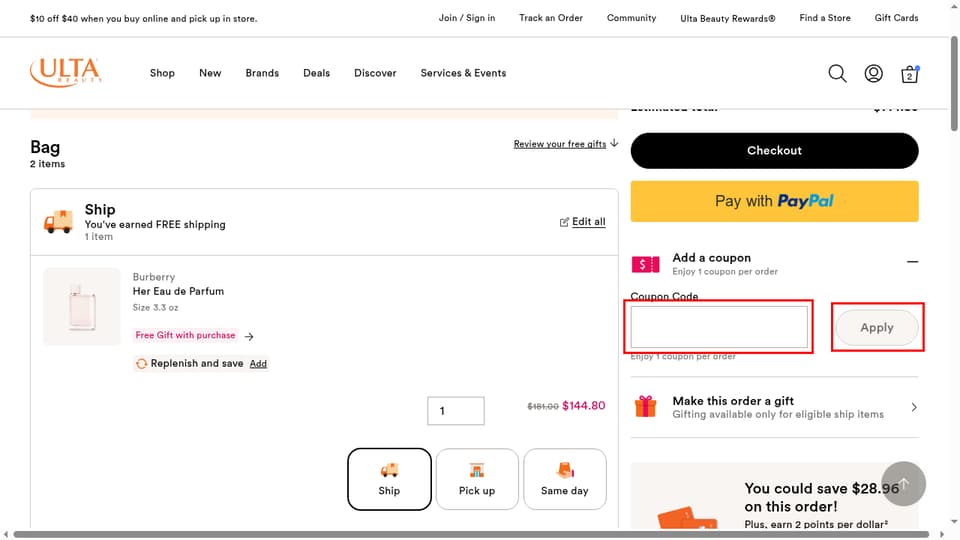 Ulta checkout page showing the Coupon Code field and Apply button