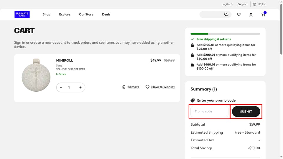 Ultimate Ears checkout page showing the Promo code field and SUBMIT button