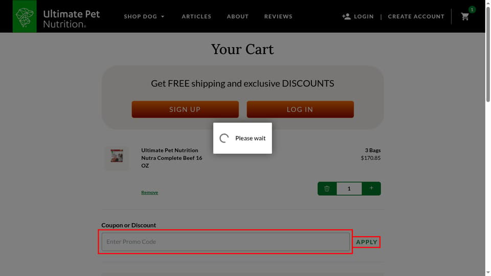 Ultimate Pet Nutrition checkout page showing the Enter Promo Code field and APPLY button
