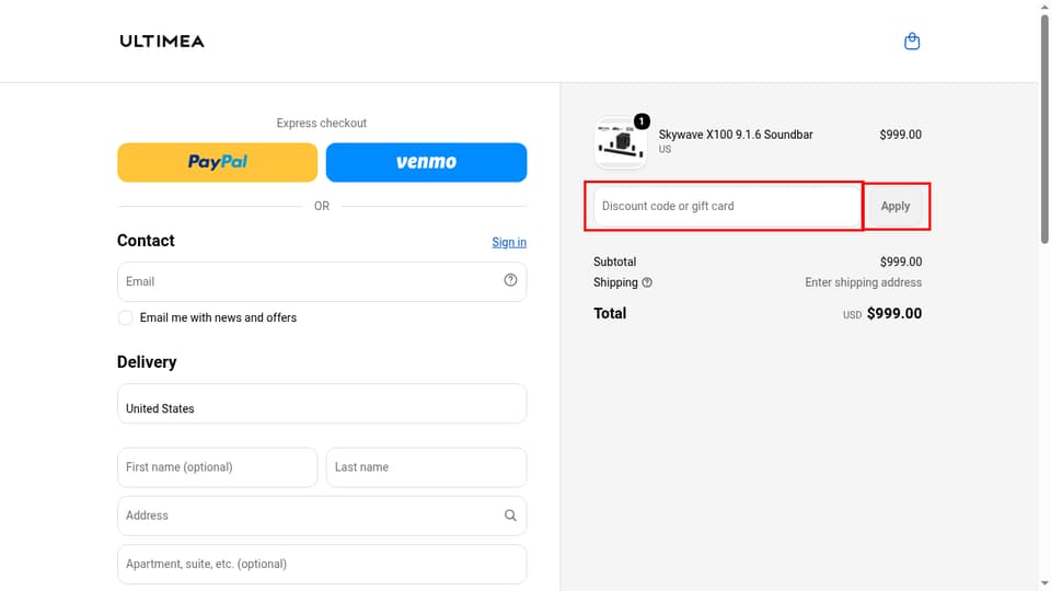 ULTIMEA checkout page showing the Discount code or gift card field and Apply button
