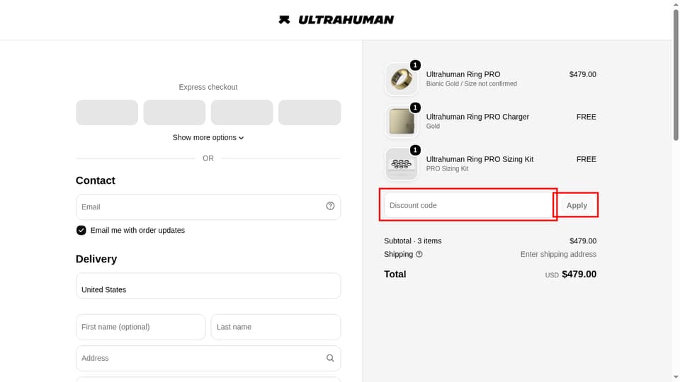 Ultrahuman checkout page showing the Discount code field and Apply button