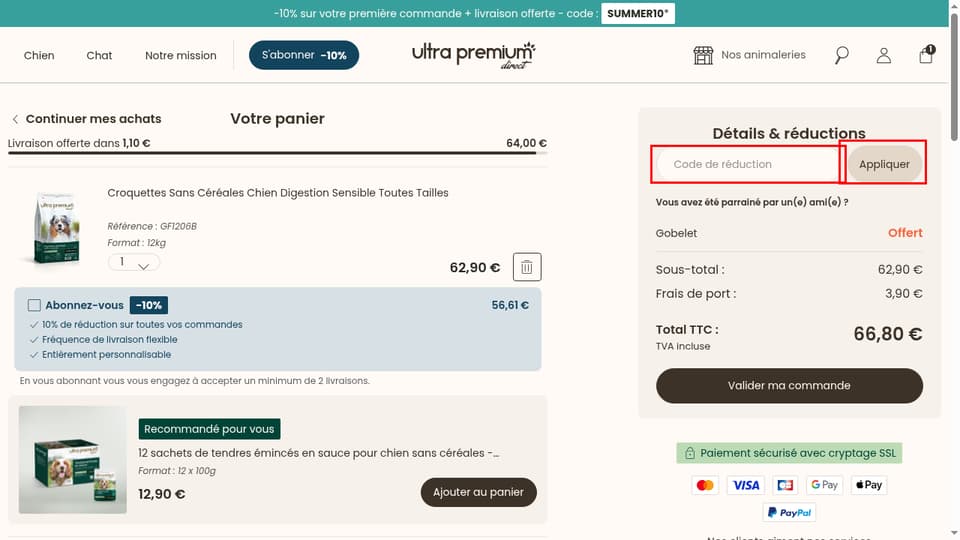Ultra Premium Direct checkout page showing the Code de réduction field and Appliquer button