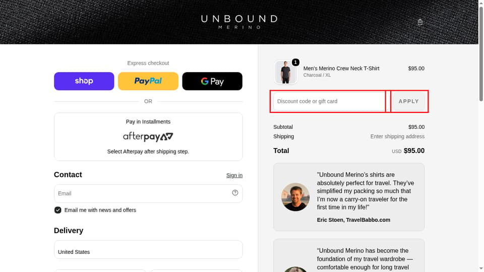 Unbound Merino checkout page showing the Discount code or gift card field and Apply button