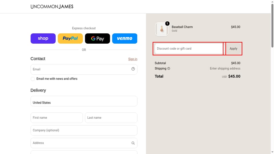 Uncommon James checkout page showing the Discount code or gift card field and Apply button