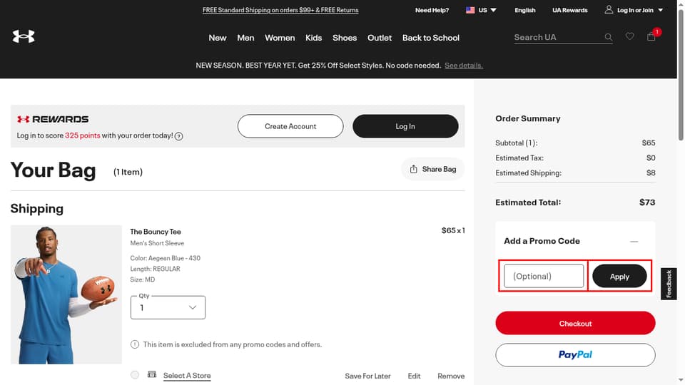 Under Armour checkout page showing the (Optional) field and Apply button