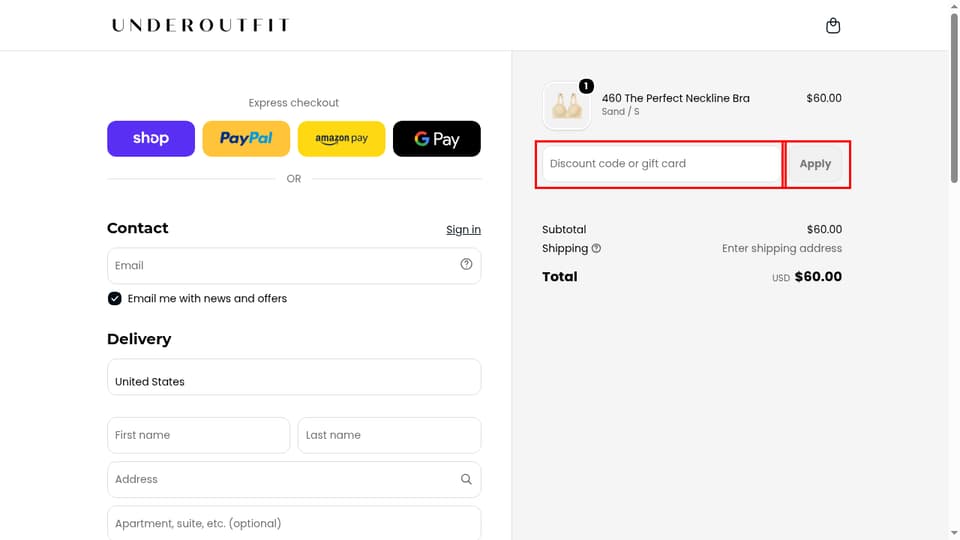 Underoutfit checkout page showing the Discount code or gift card field and Apply button