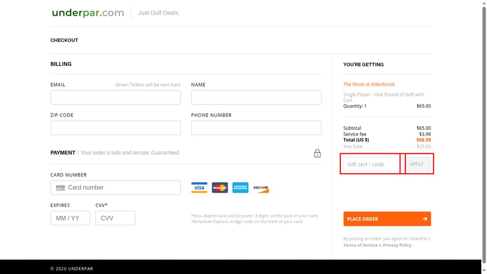 UnderPar checkout page showing the Gift cert / code field and Apply button