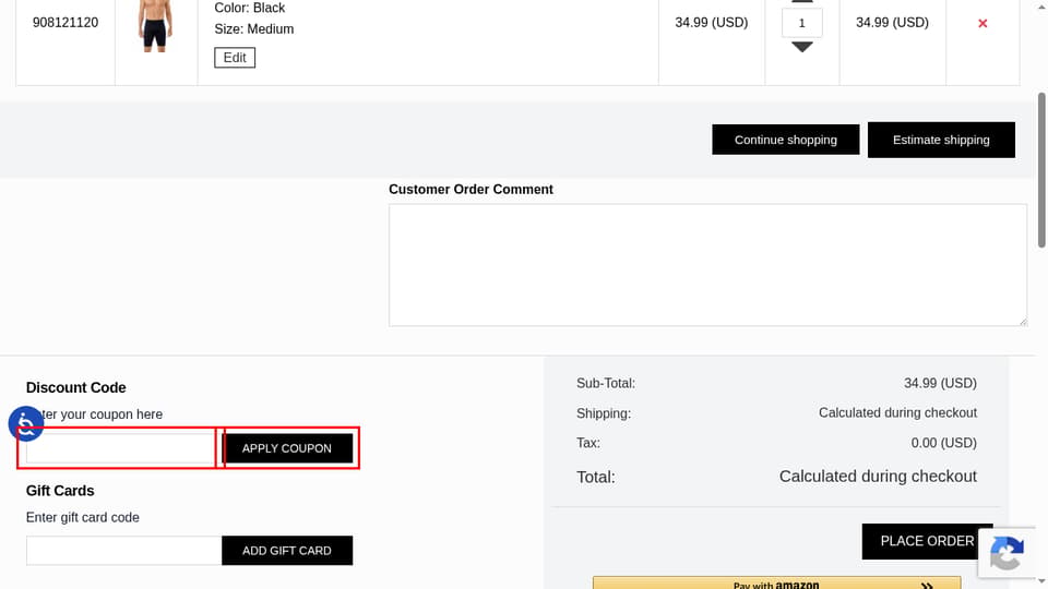 Underworks checkout page showing the Enter your coupon here field and Apply coupon button