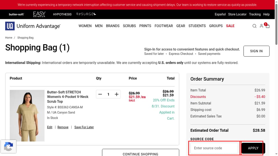 Uniform Advantage checkout page showing the Enter source code field and Apply button
