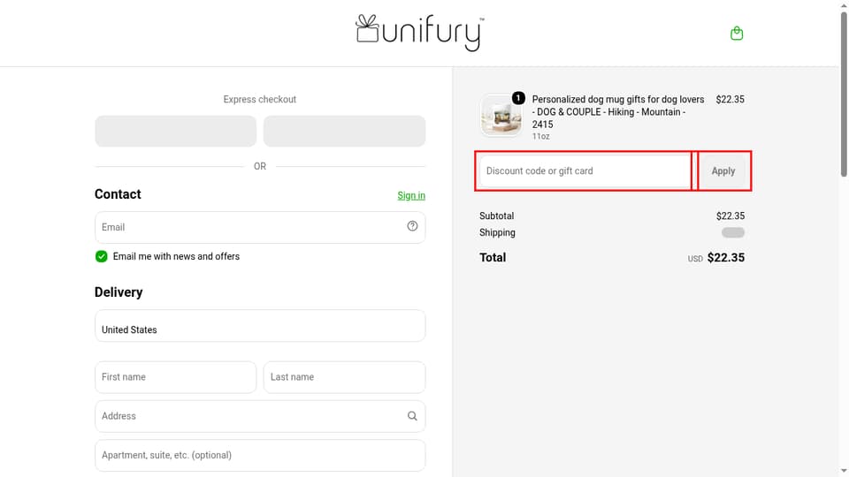 Unifury checkout page showing the Discount code or gift card field and Apply button