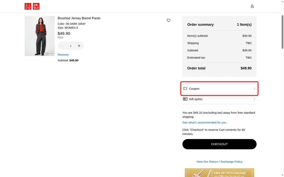 UNIQLO checkout page showing the Coupon field and Apply button