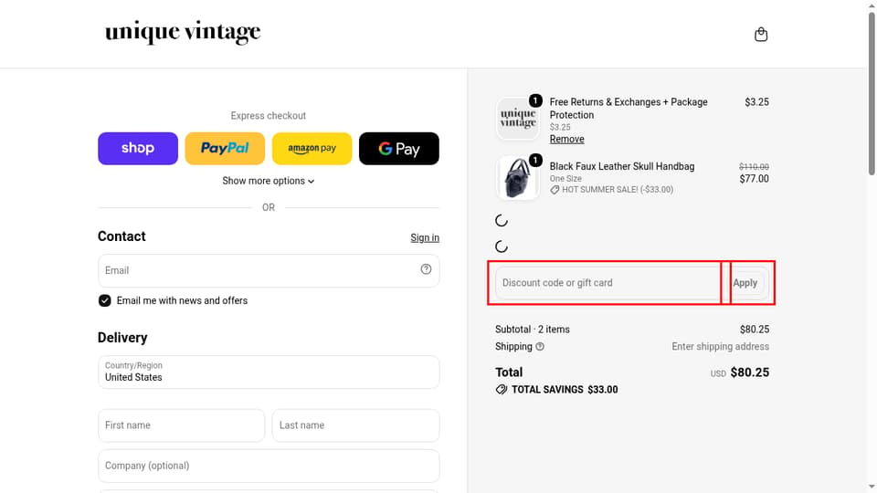 Unique Vintage checkout page showing the Discount code or gift card field and Apply button