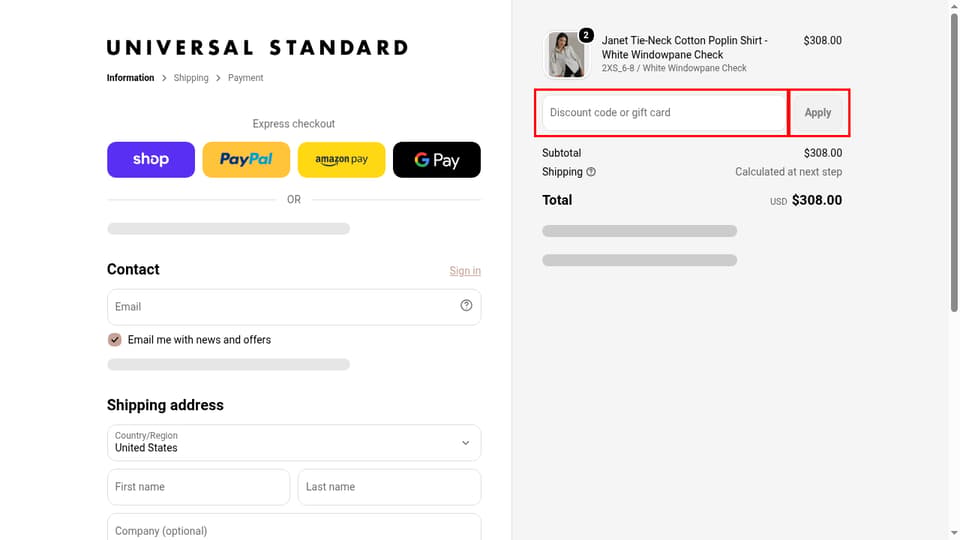 Universal Standard checkout page showing the Discount code or gift card field and Apply button