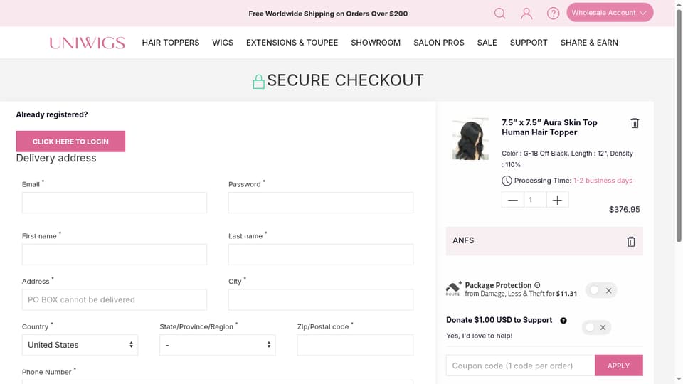 Uniwigs checkout page showing the Coupon code (1 code per order) field and APPLY button